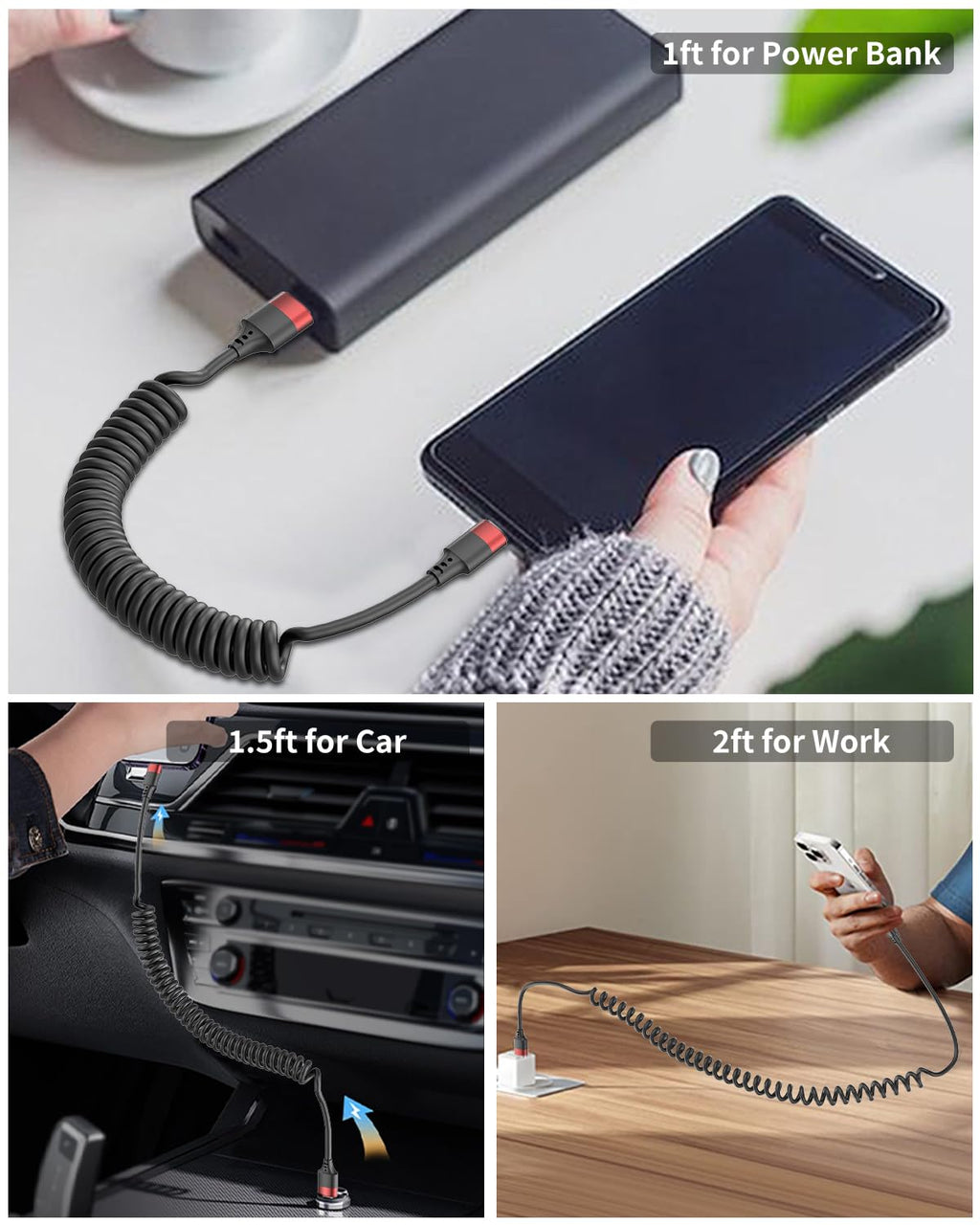Cable USB a Lightning en espiral para coche, paquete de 2 cables re...