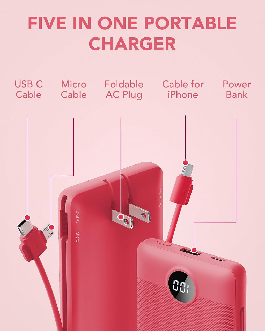 Cargador portátil con cables integrados y enchufe de pared AC, VRUR...