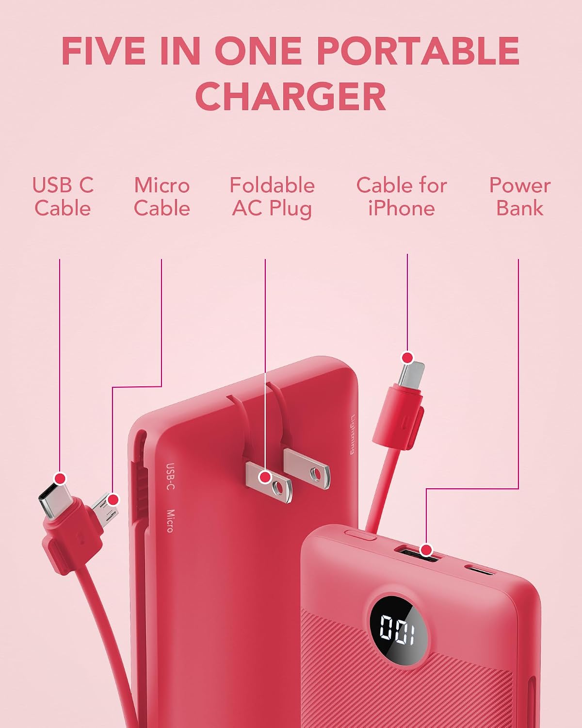 Cargador portátil con cables integrados y enchufe de pared AC, VRUR...
