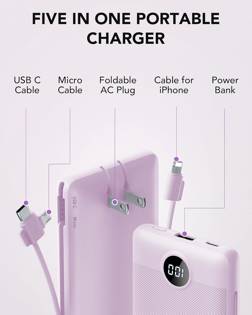 VRURC Cargador portátil con cables integrados y enchufe de pared de...