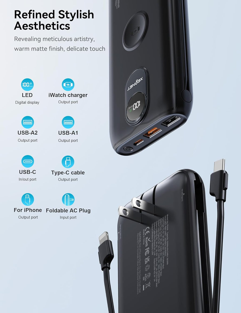 Cargador Portátil XEGNER 10000mAh 20W, Enchufe de Pared, 2 Cables,...