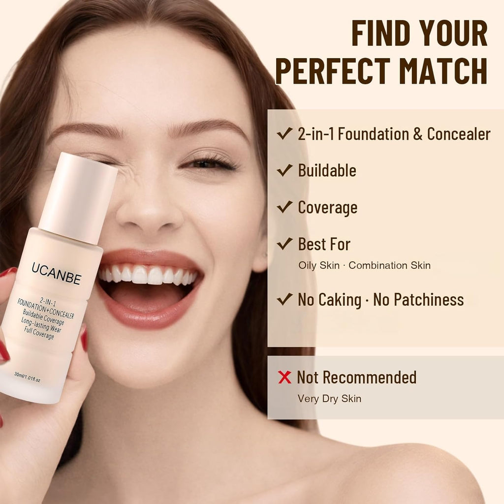 UCANBE Base líquida y corrector 2 en 1, base de maquillaje de cober...