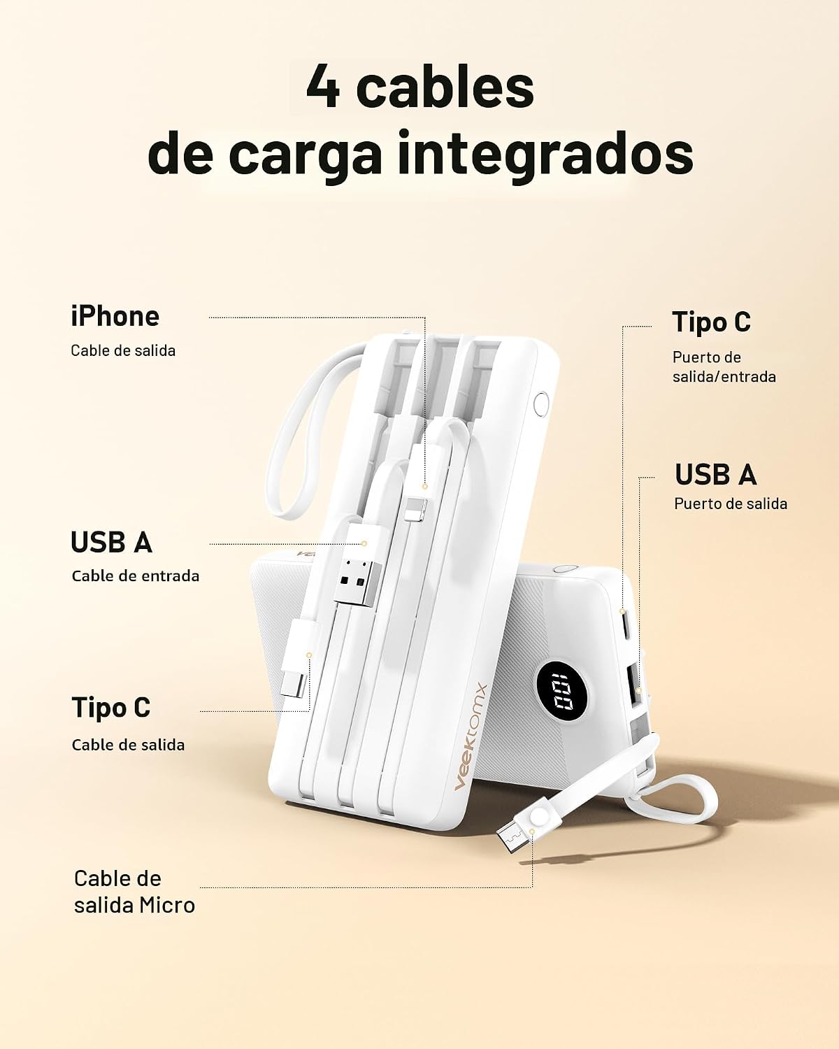VEEKTOMX Cargador portátil con cables integrados, cargador de bater...
