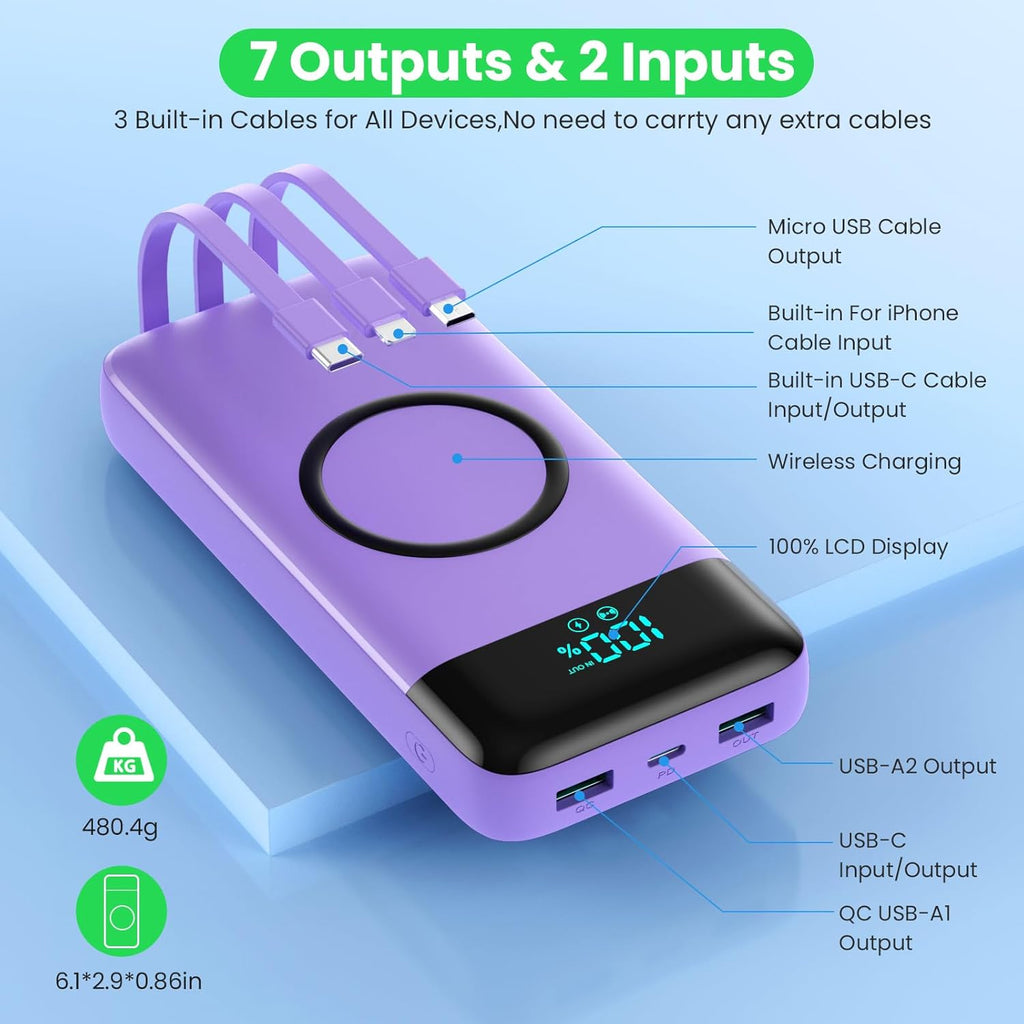 Cargador Portátil Inalámbrico 40800mAh con 3 Cables Integrados, Ban...