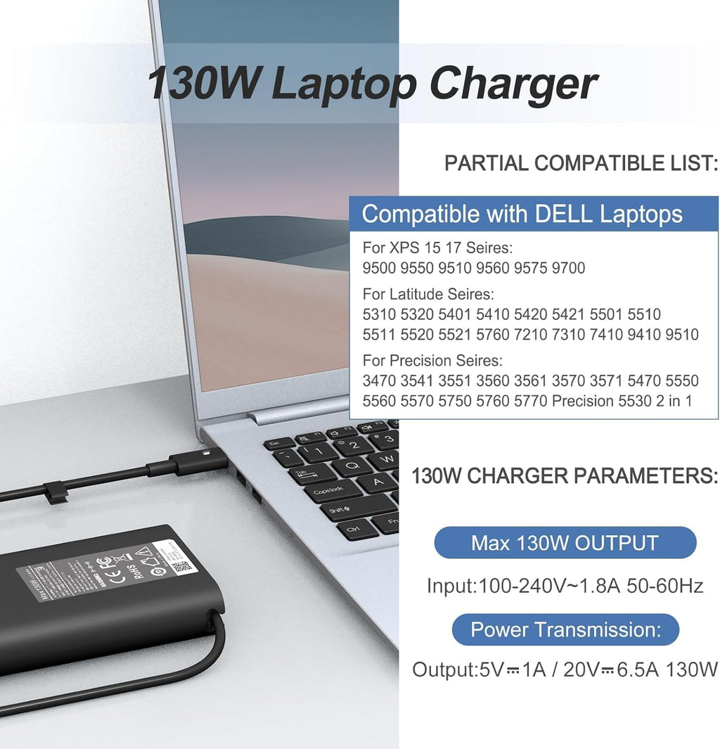 Repuesto para cargador de laptop Dell de 130 W, USB C, compatible c...