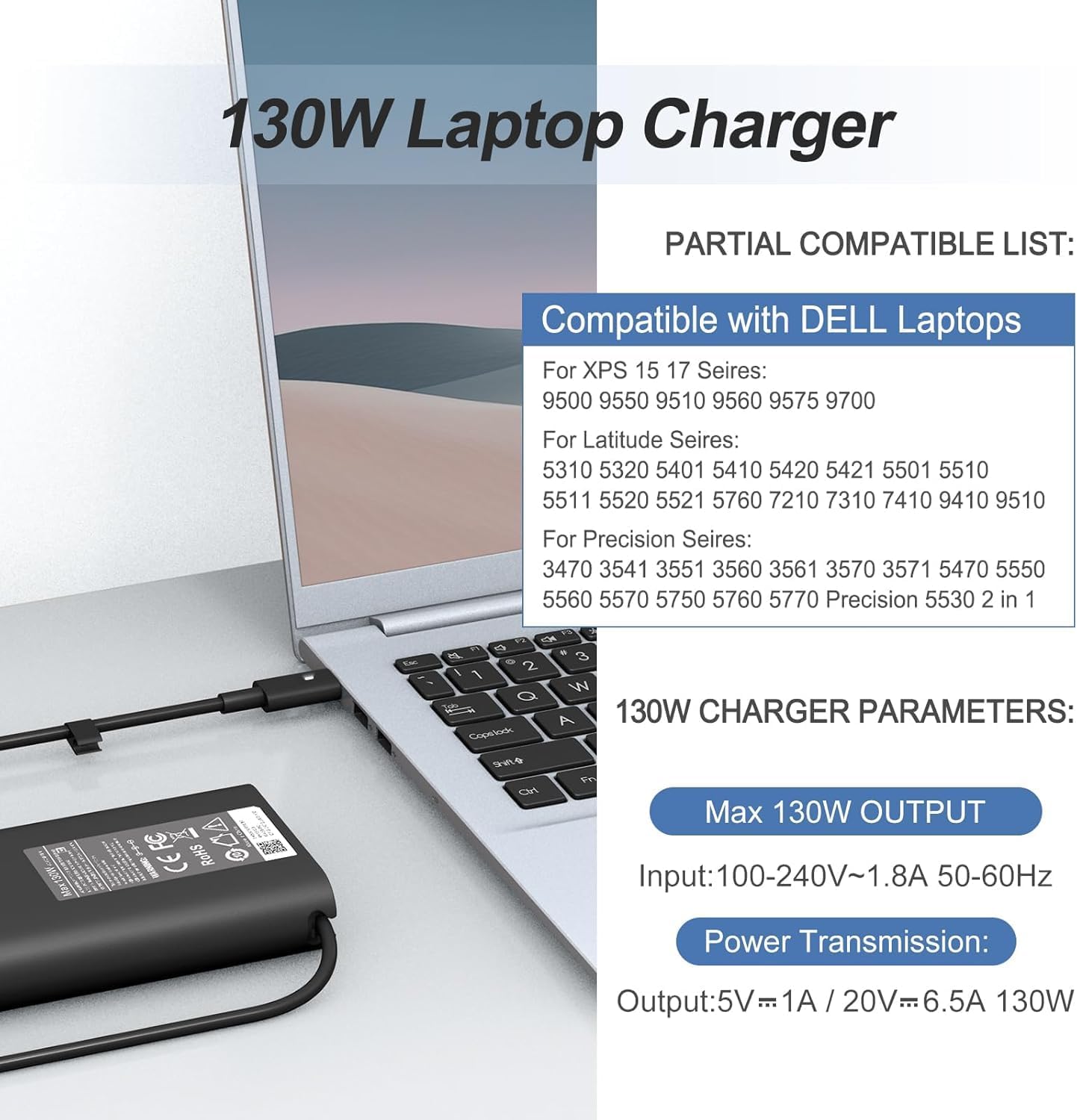 Repuesto para cargador de laptop Dell de 130 W, USB C, compatible c...