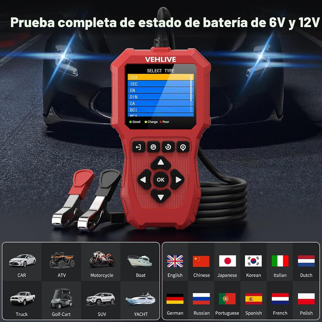 VEHLIVE BT910 5-3000CCA - Probador de batería de automóvil, 6 V 12...