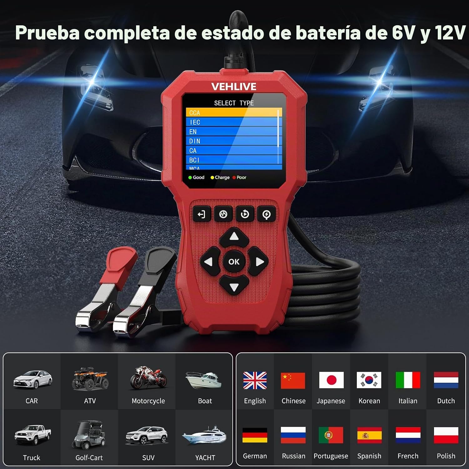 VEHLIVE BT910 5-3000CCA - Probador de batería de automóvil, 6 V 12...