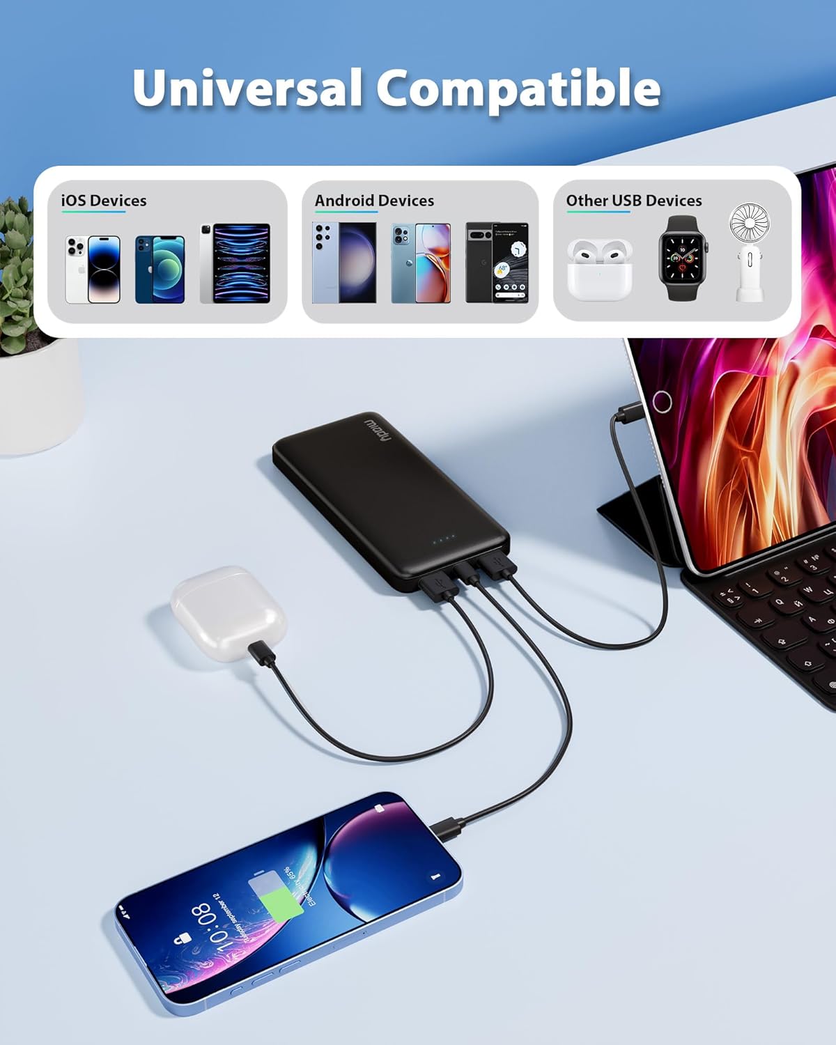 Miady cargador de batería de 10000 mAh, USB dual, portátil, negro,...