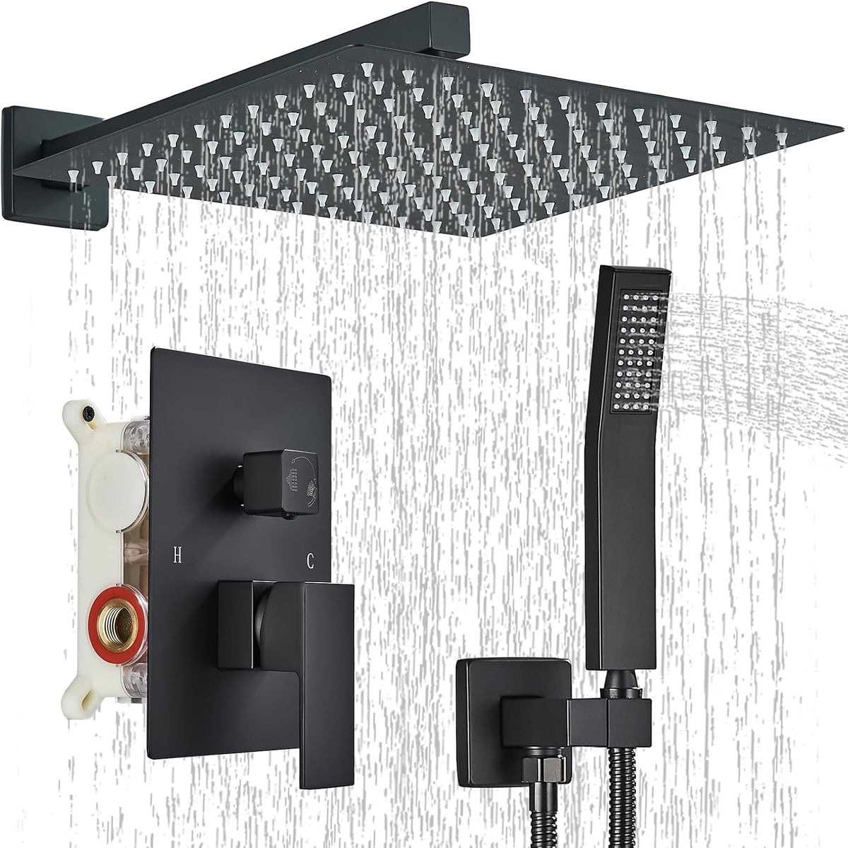 Ackwave Grifo de ducha negro mate con cabezal de ducha de lluvia de...