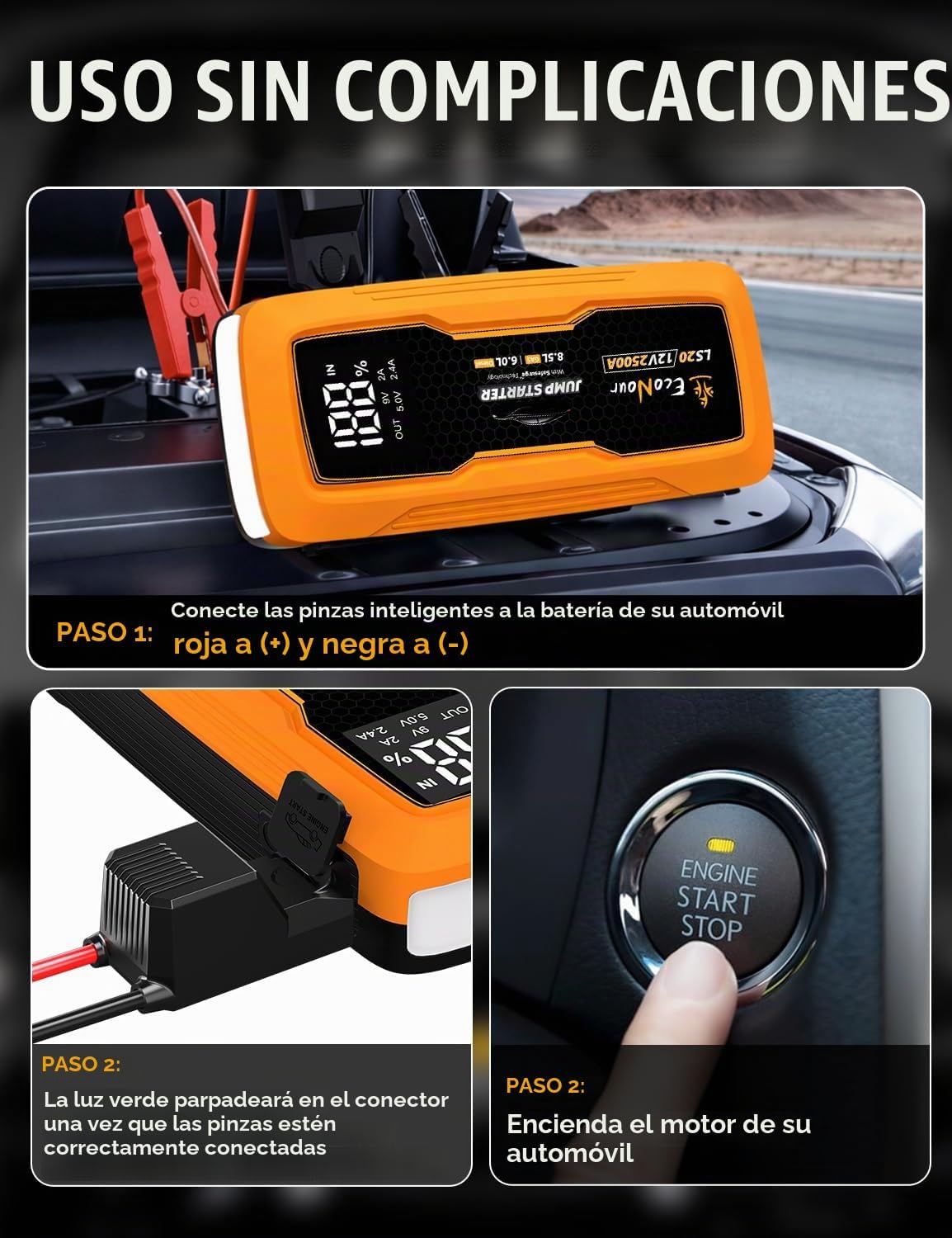 EcoNour 2500A - Arrancador portátil de batería de 12 V con motores...