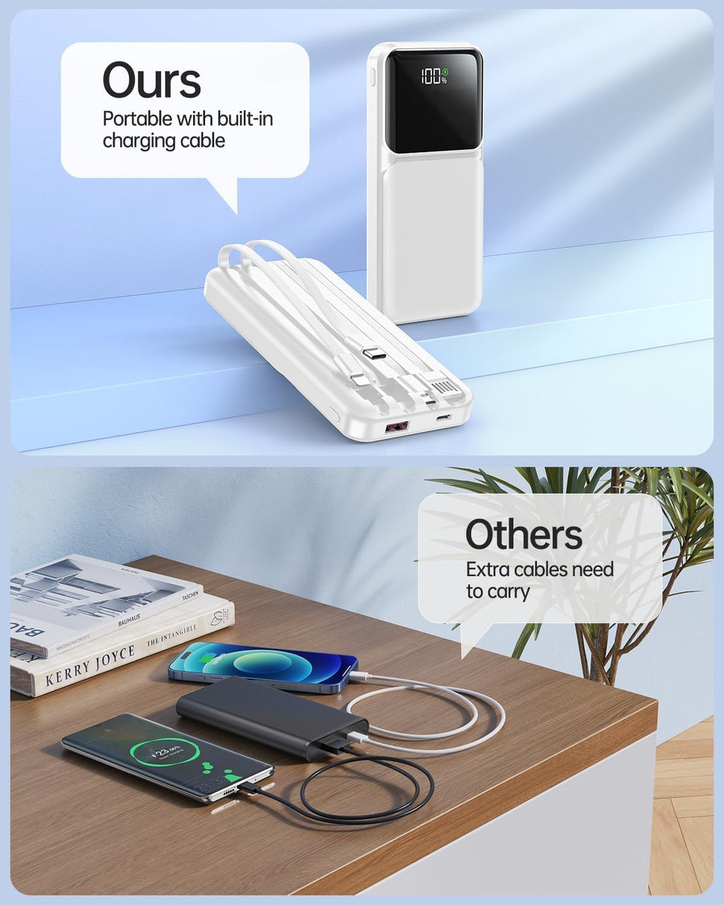 RONEGN Cargador portátil con cable integrado, cargador de batería d...