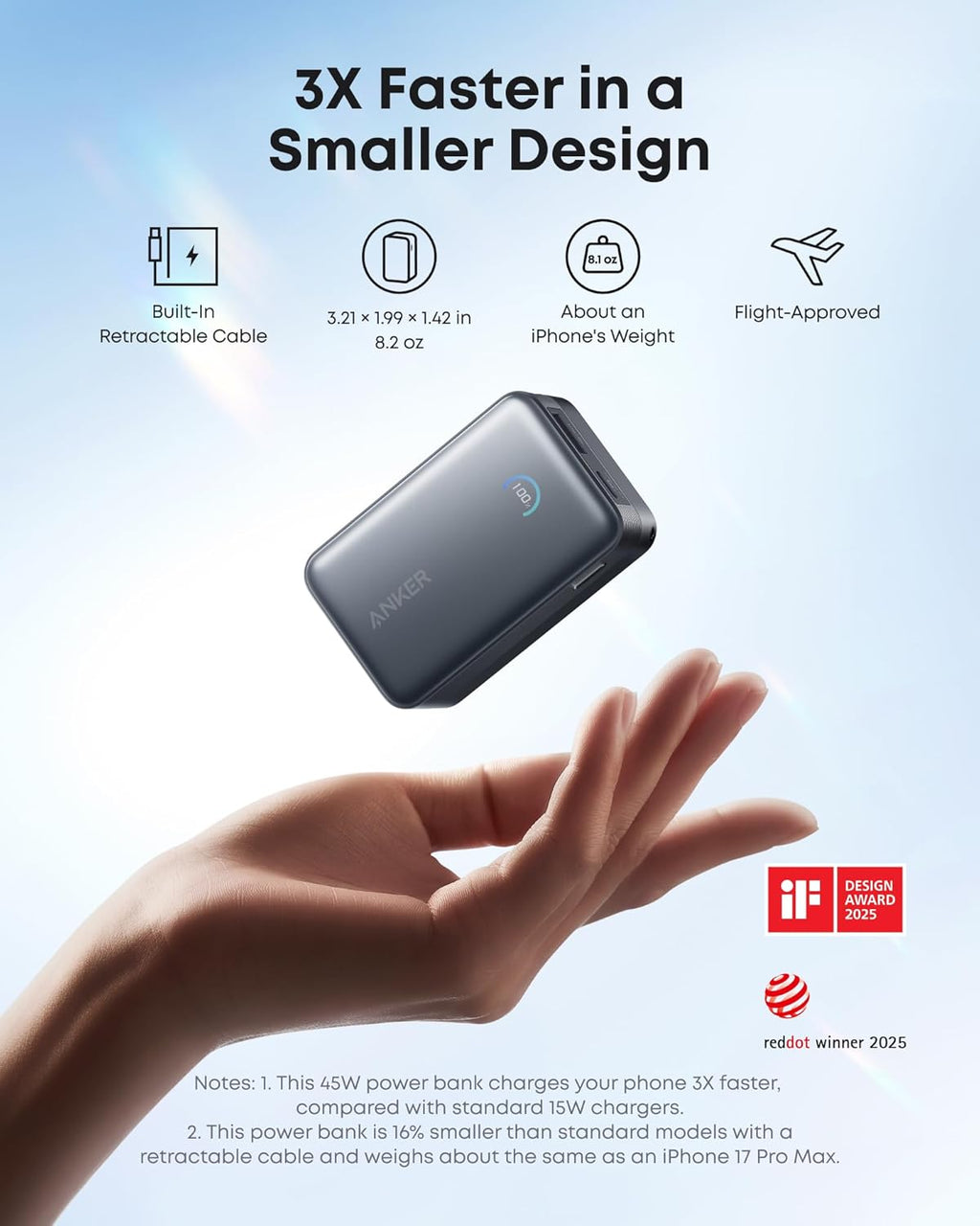 Anker Cargador portátil nano, 45 W 10000 mAh con cable retráctil de...