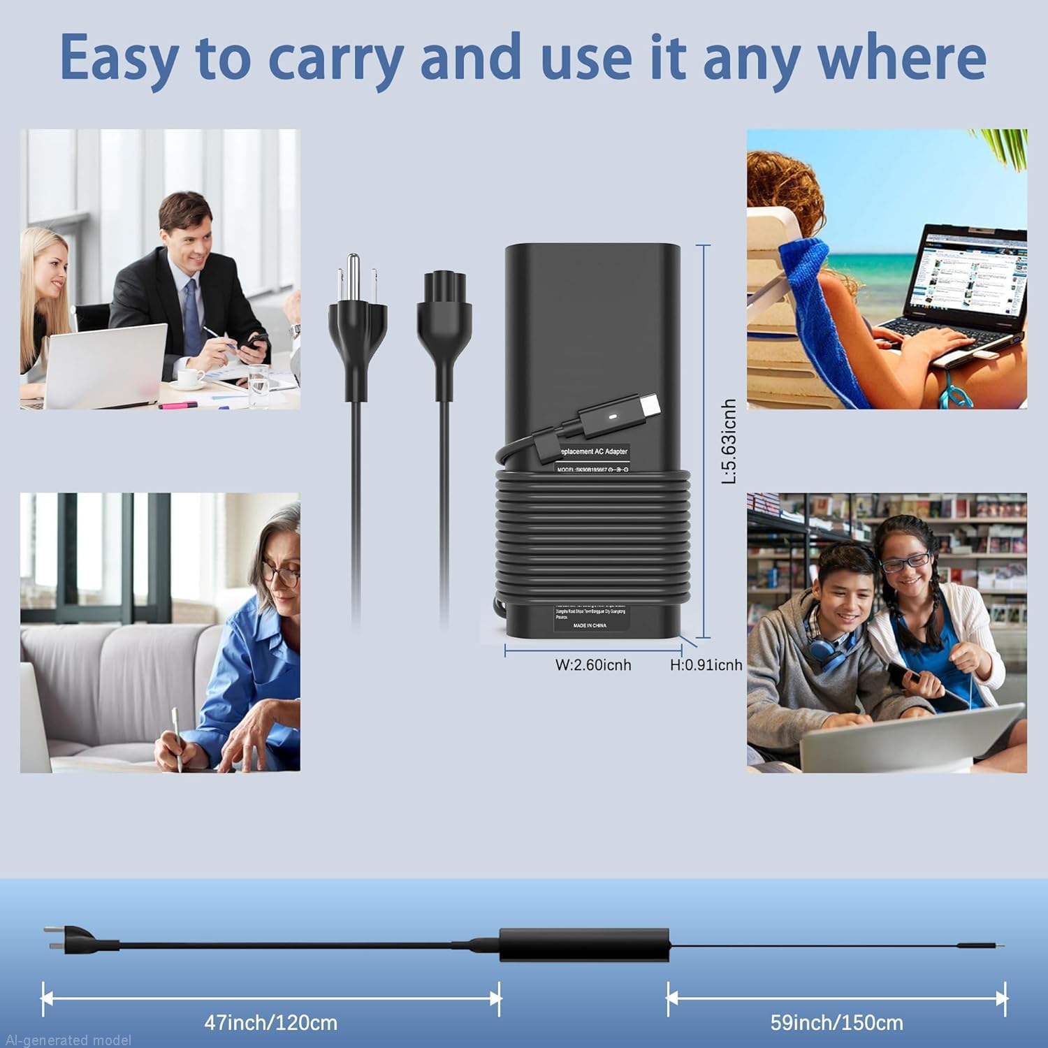 Cargador USB C para laptop de 130 W compatible con Dell Xps 17, Pre...