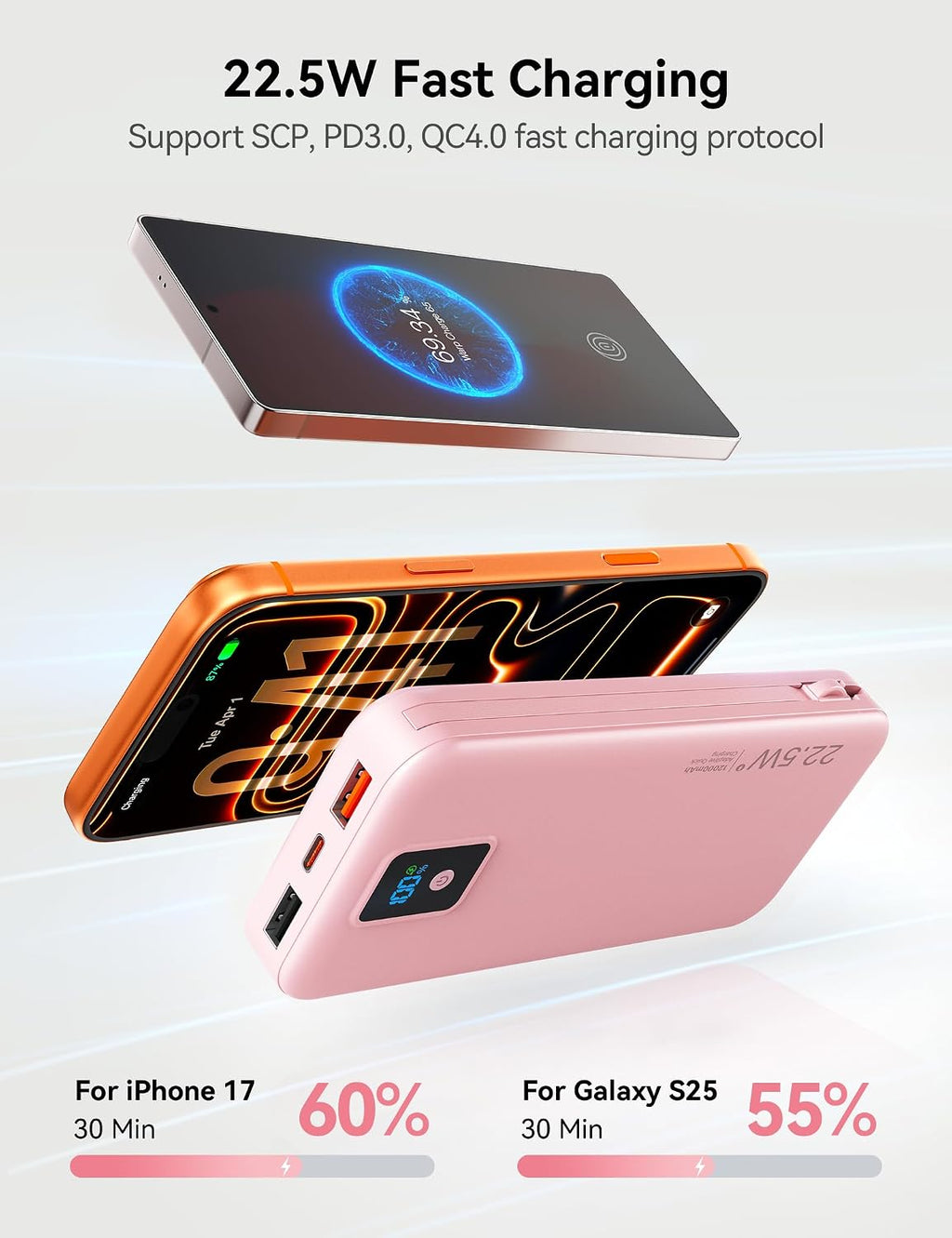 Rngsnoy Cargador portátil 12000mAh 22.5W con cable incorporado y en...