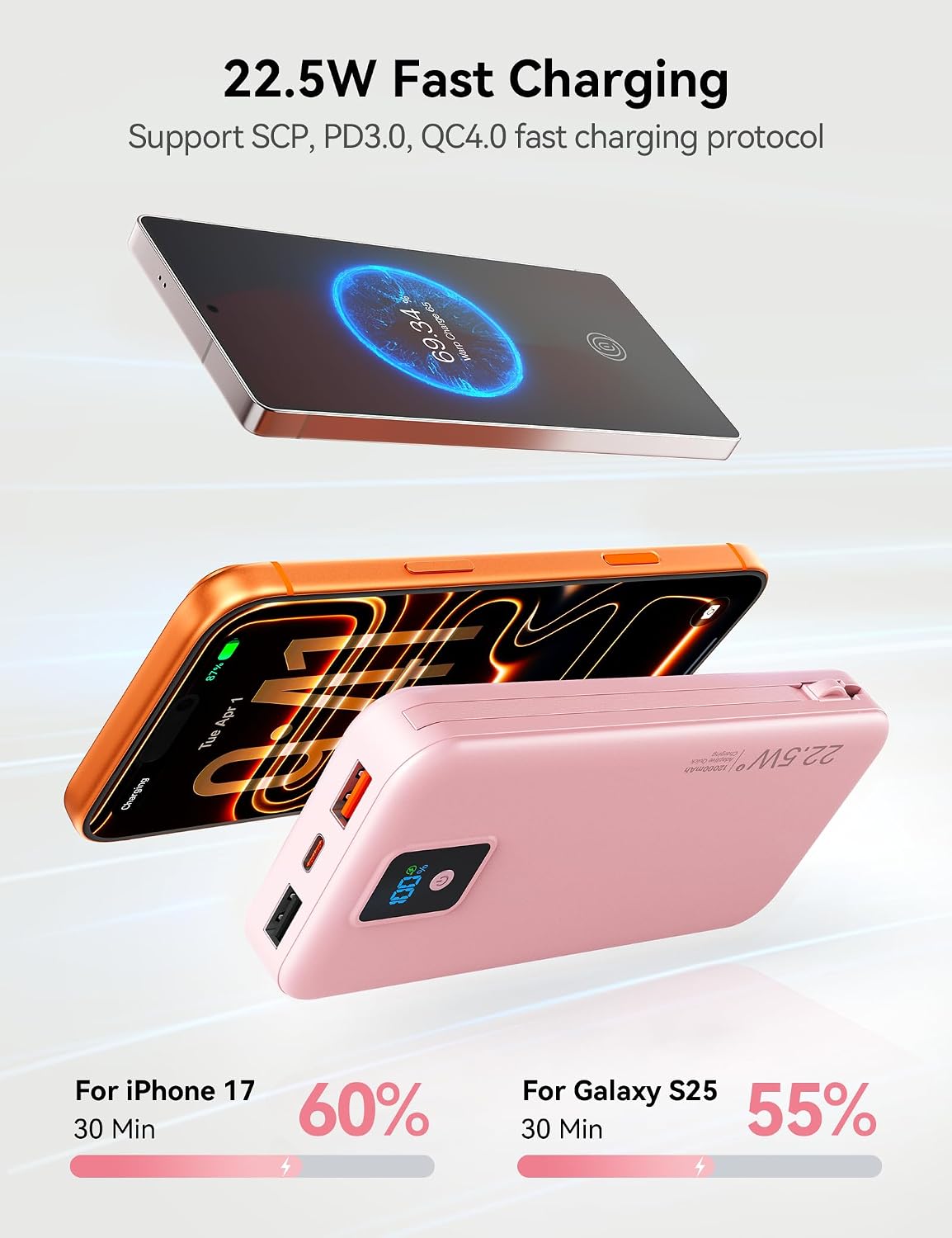Rngsnoy Cargador portátil 12000mAh 22.5W con cable incorporado y en...
