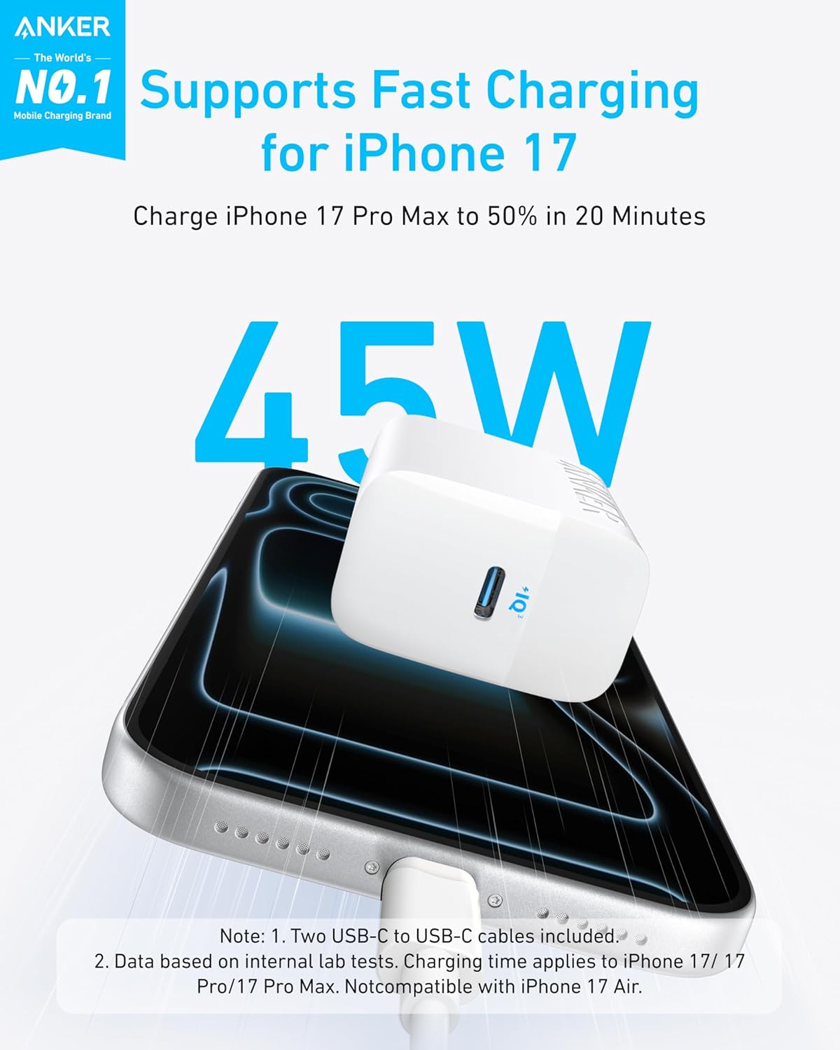 Anker Bloque de cargador USB C de 45 W, cargador rápido PPS con cab...