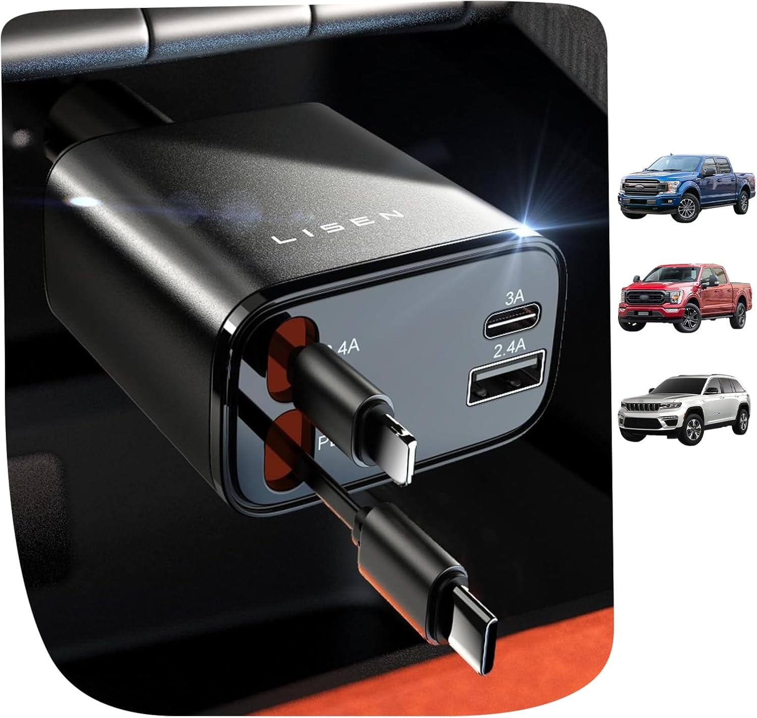 LISEN - Cargador retráctil para automóvil, adaptador de cargador de...
