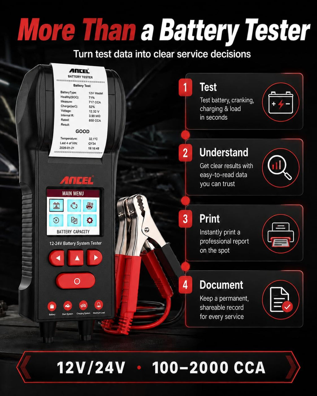 ANCEL BST600 - Probador de batería de coche con impresora - 12V\/24...