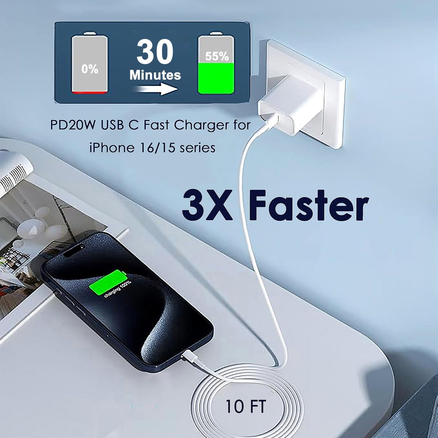 Cargador rápido para iPhone 17 16 15 de 10 pies, cargador de 20 W p...