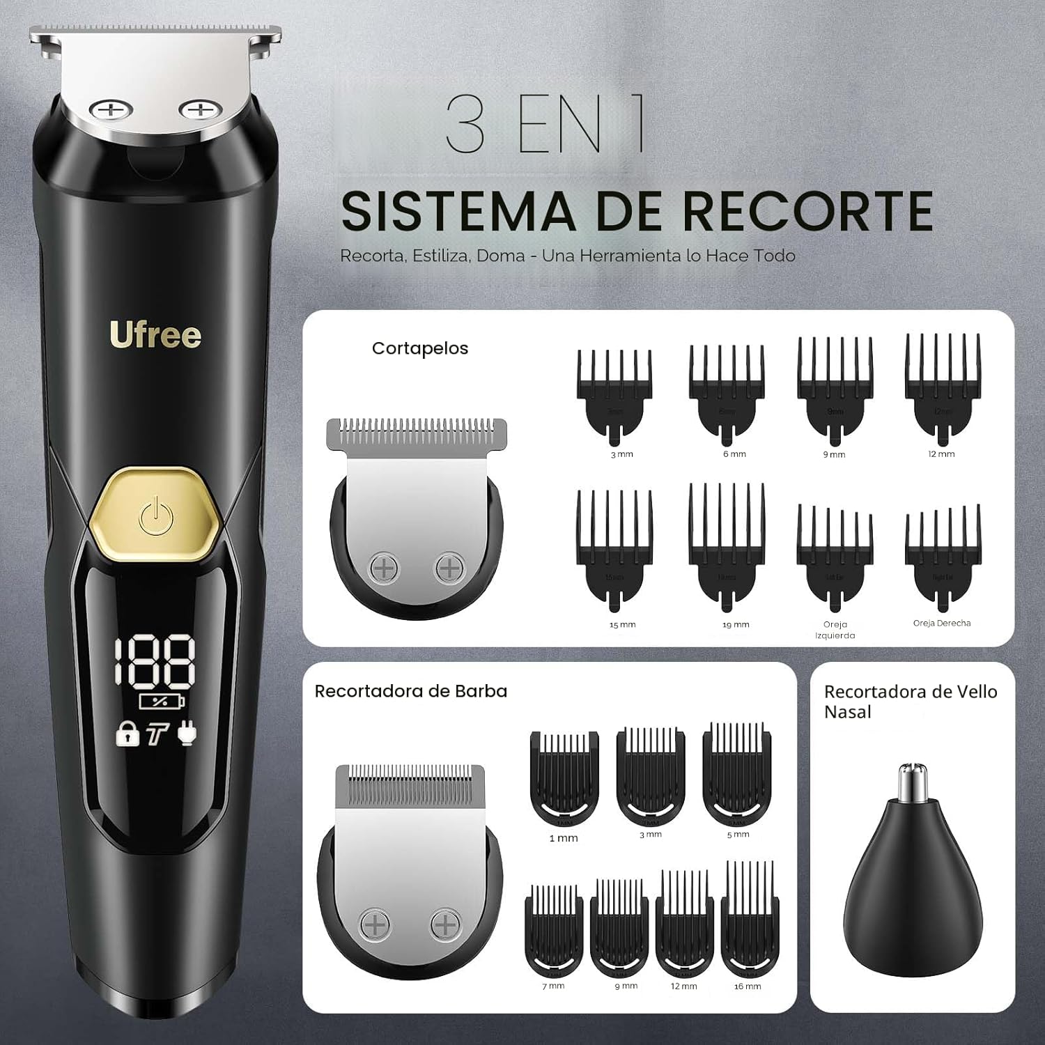 Ufree Recortadora de barba 3 en 1 para hombres, afeitadora eléctric...