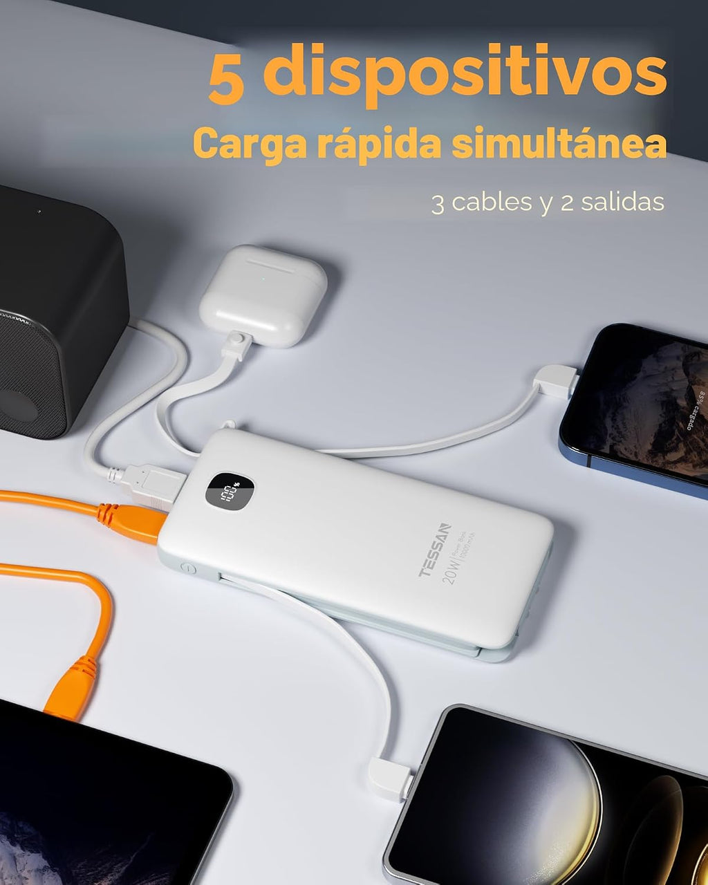 Cargador portátil con cables integrados, cargador de batería TESSAN...