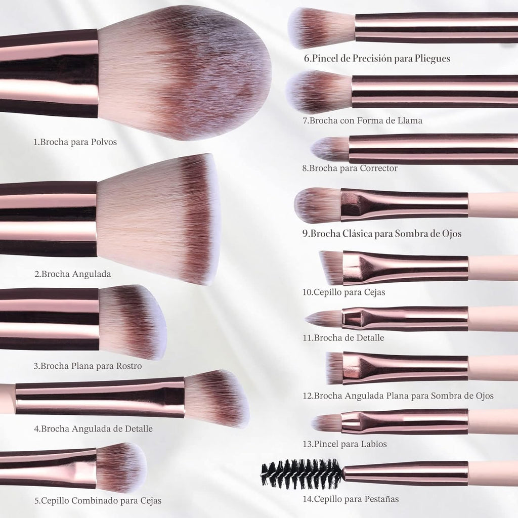 BS-MALL - Set de brochas de maquillaje con espejo LED, 14 piezas, b...