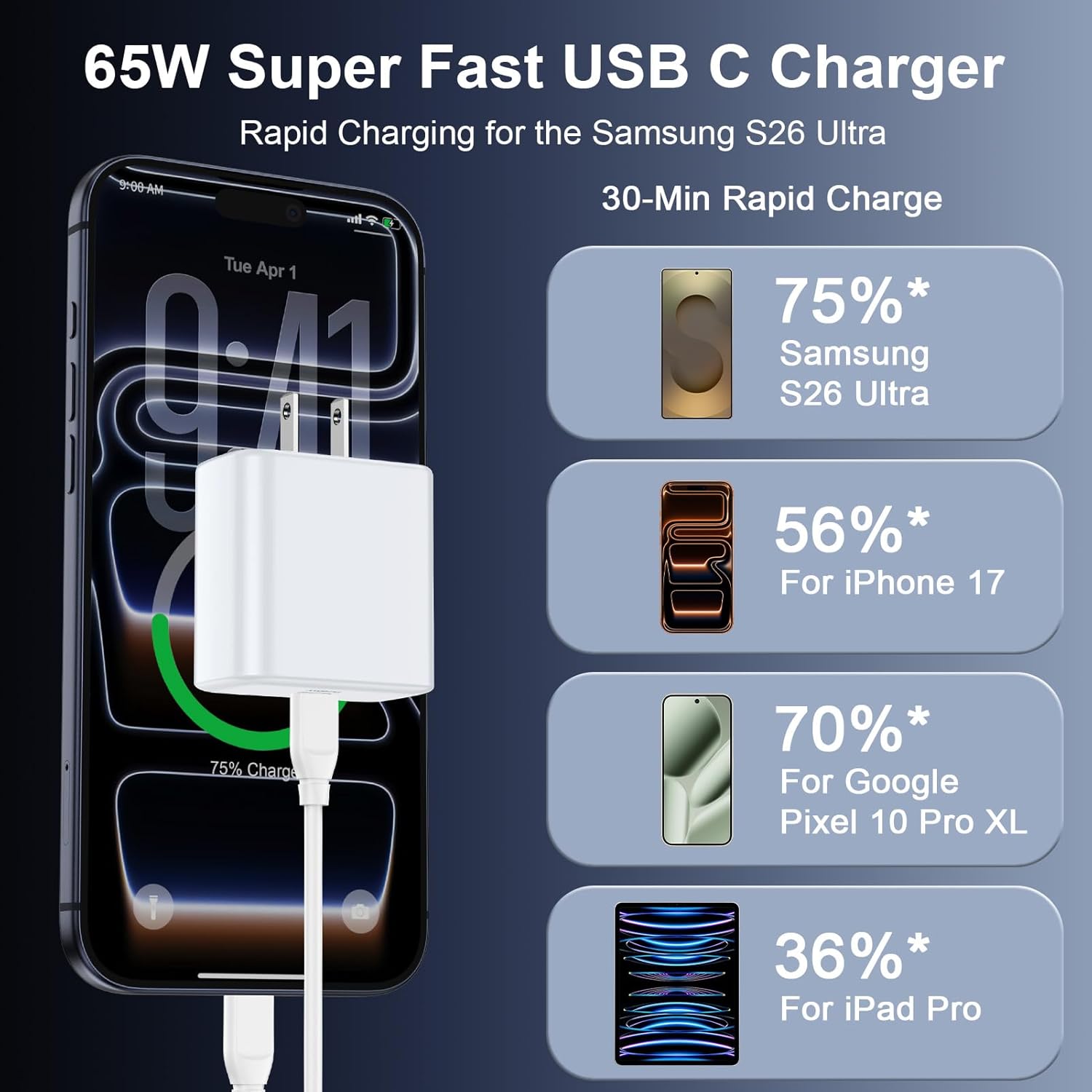 Cargador súper rápido tipo C de 65 W para Samsung Galaxy S26 Ultra...