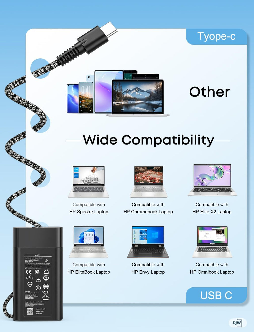 DJW Cargador USB C de 65 W para laptop compatible con HP Spectre x3...