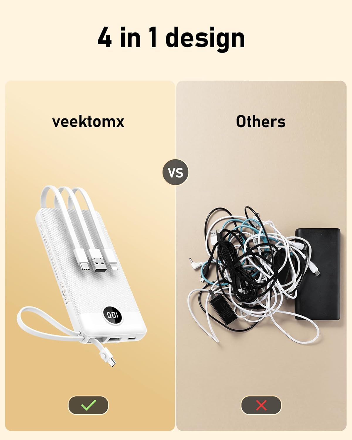 VEEKTOMX Cargador portátil con cables integrados, cargador de bater...