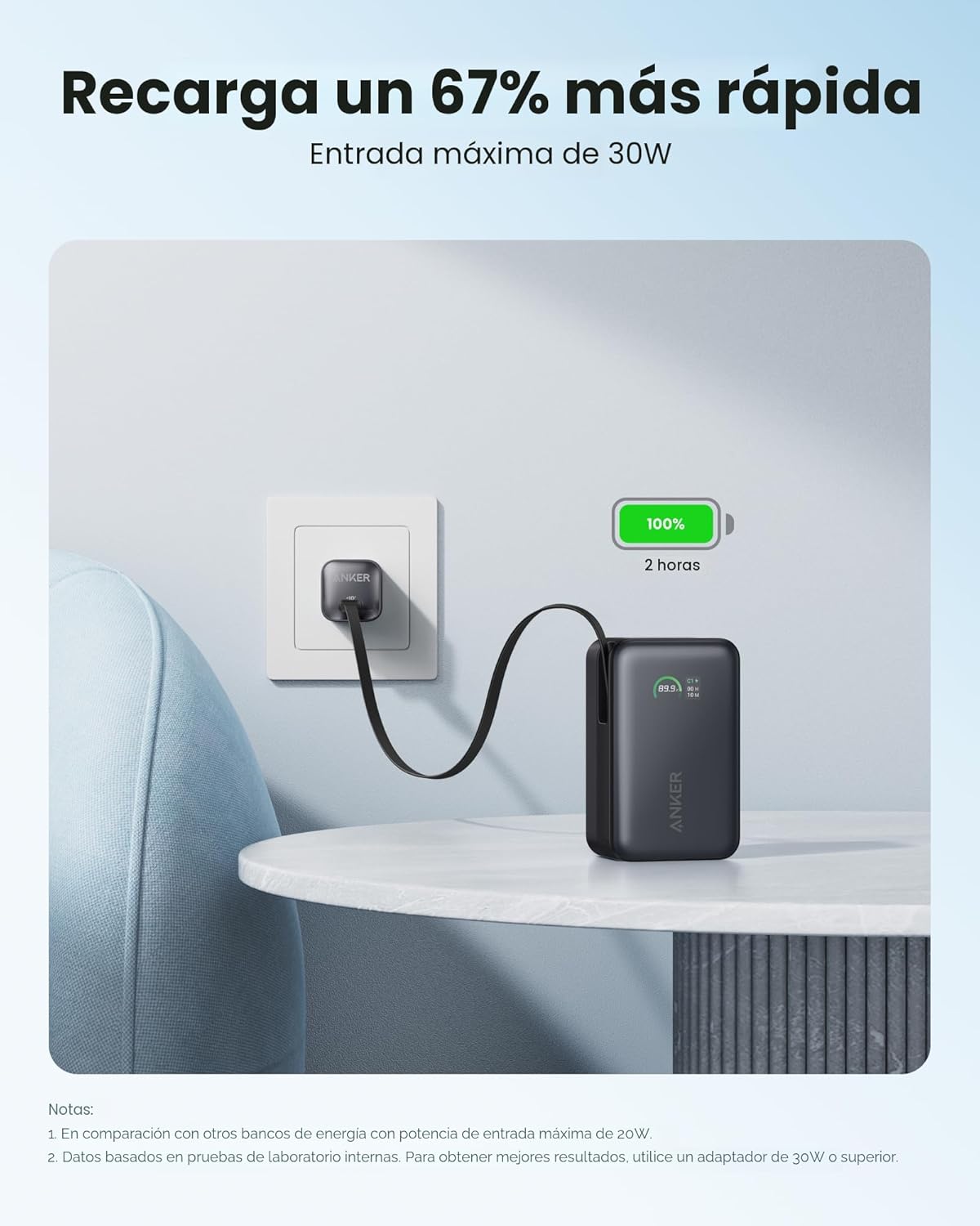 Anker Cargador portátil nano, 45 W 10000 mAh con cable retráctil de...