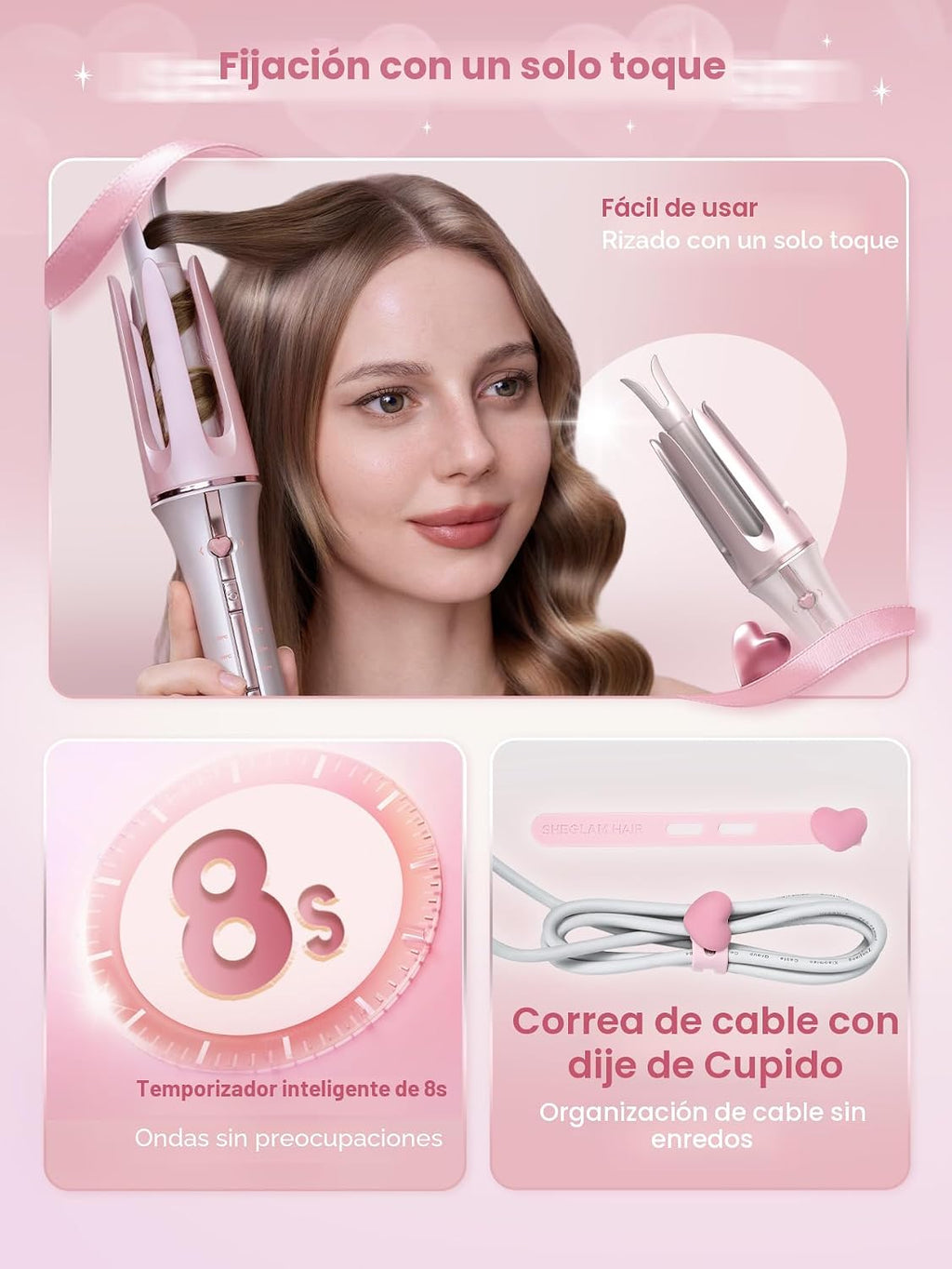 SHEGLAM Rizador de pelo rosa automático, regalo para mujer (Rosa, 1...
