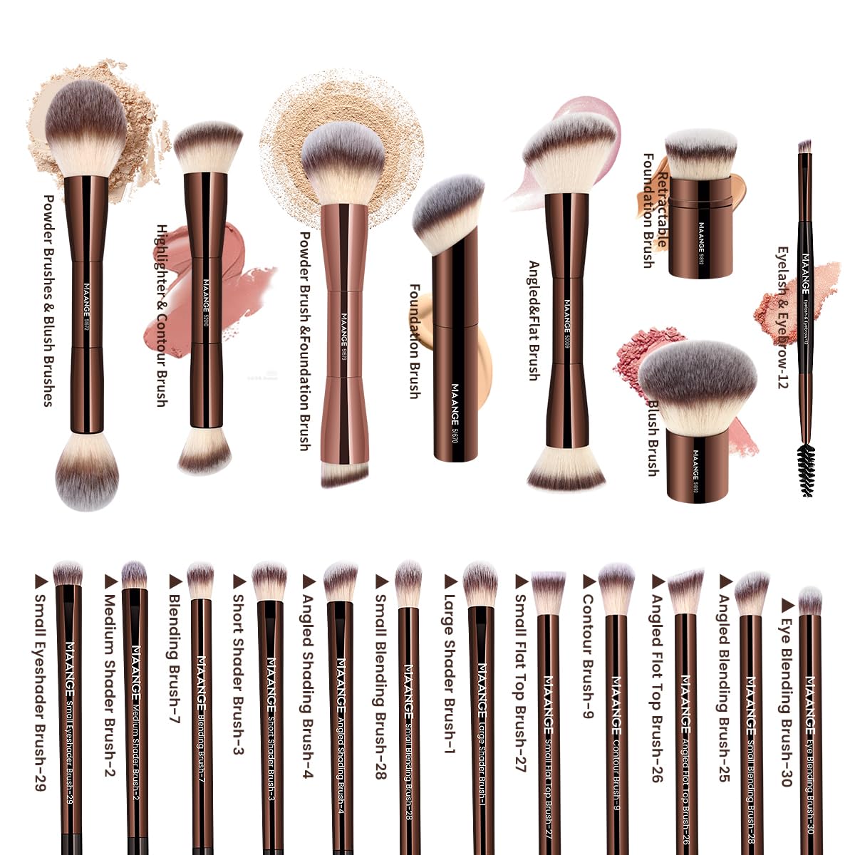 MAANGE Juego de 20 brochas de maquillaje con bolsa, brocha Kabuki d...
