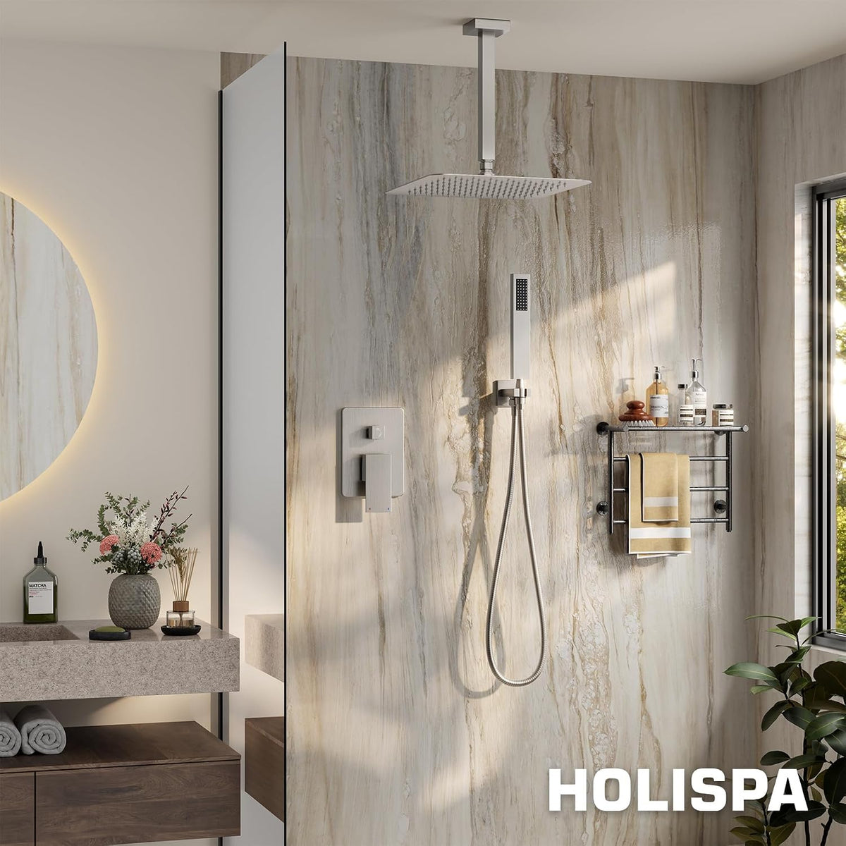 HoliSpa Sistema de Ducha de Montaje en Techo, Conjunto de Grifería...