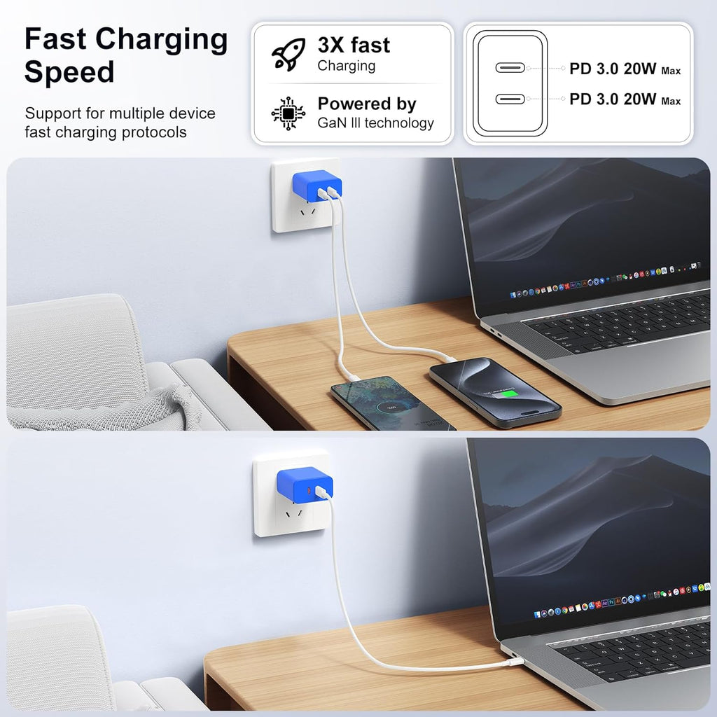 Susnwere Bloque de cargador USB C dual de 40 W, adaptador de corrie...