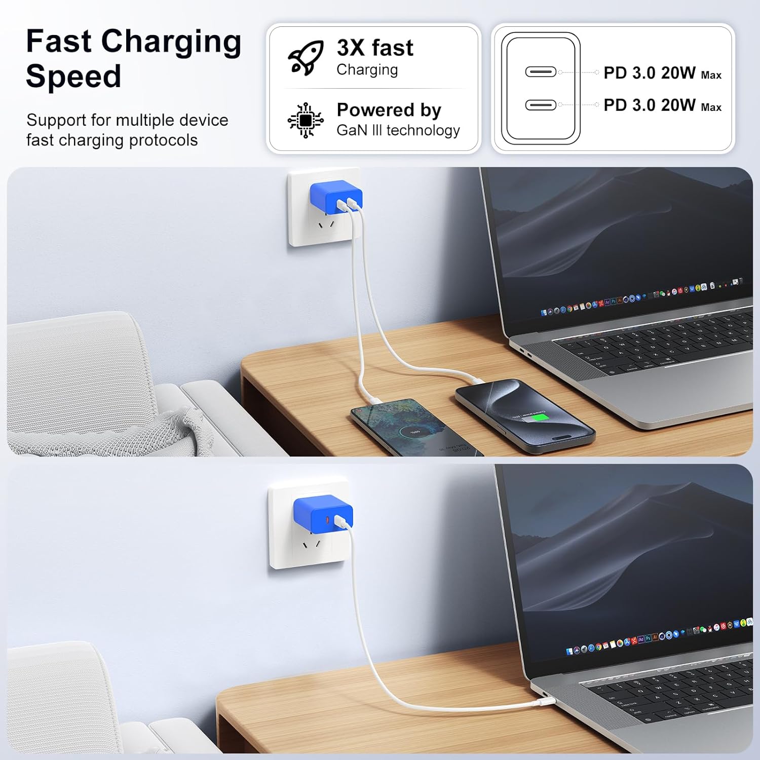 Susnwere Bloque de cargador USB C dual de 40 W, adaptador de corrie...