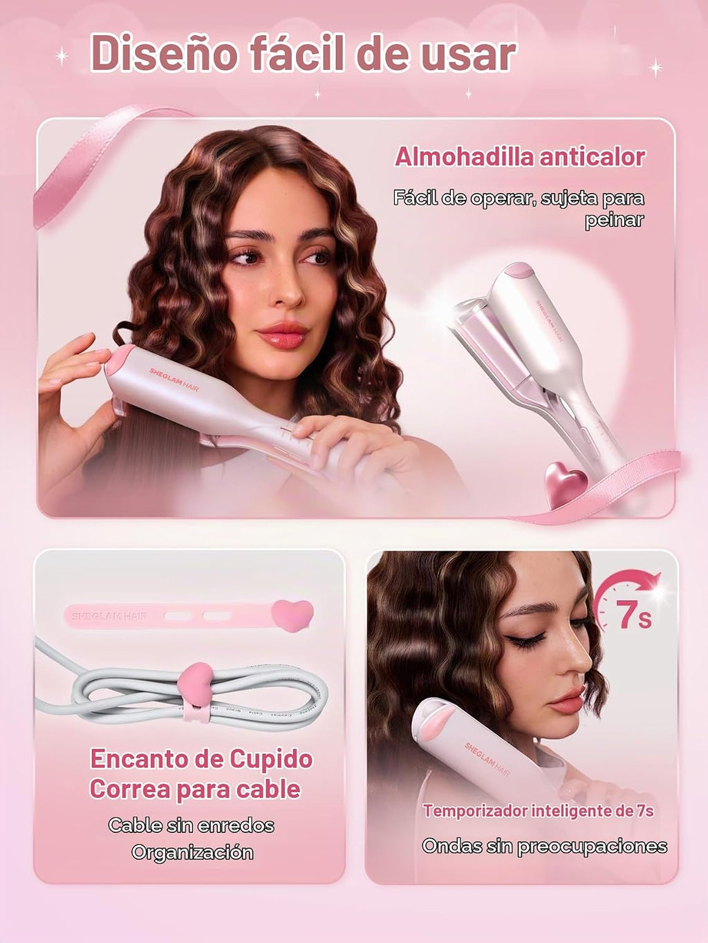 SHEGLAM Ondulador de cabello ondulado de playa (rosa, 0.75 pulgadas)