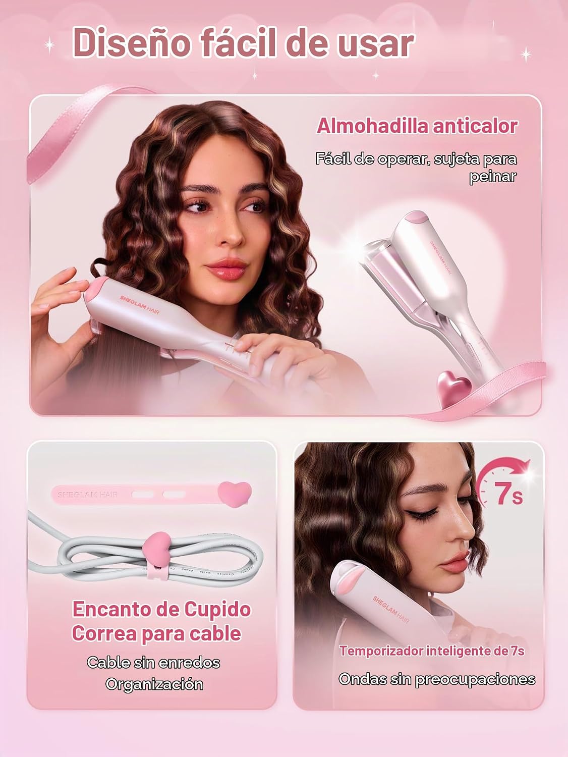 SHEGLAM Ondulador de cabello ondulado de playa (rosa, 0.75 pulgadas)