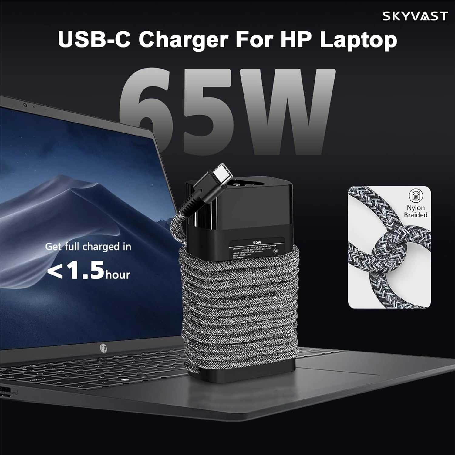 Skyvast Cargador delgado de 65 W para laptop USB-C compatible con H...