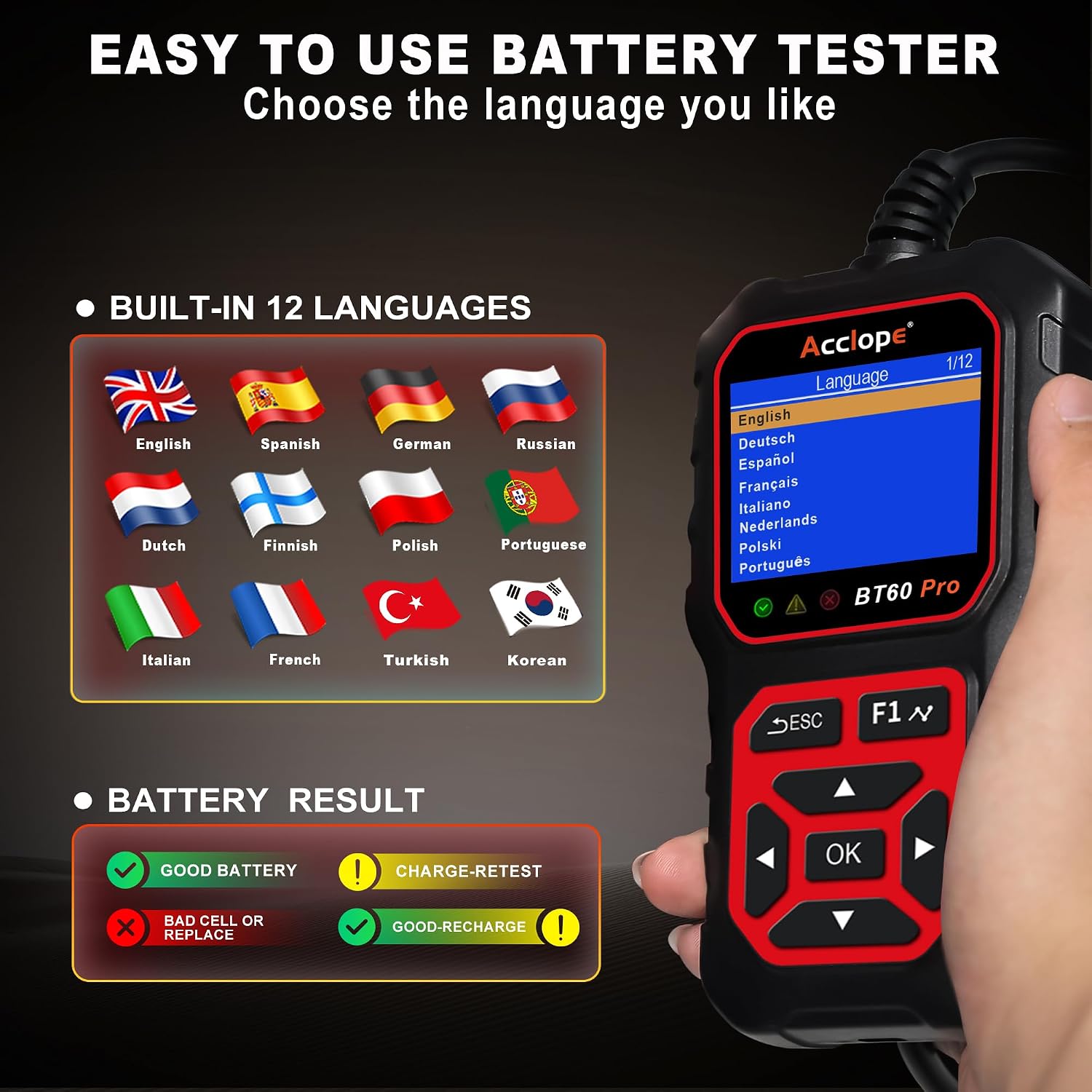 Acclope BT60 PRO - Probador de batería de coche 6V\/12V\/24V, 2\u20...