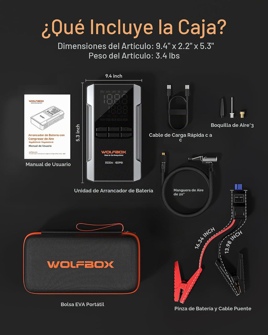 WOLFBOX MV16A 3000A Arrancador de salto con compresor de aire, bate...