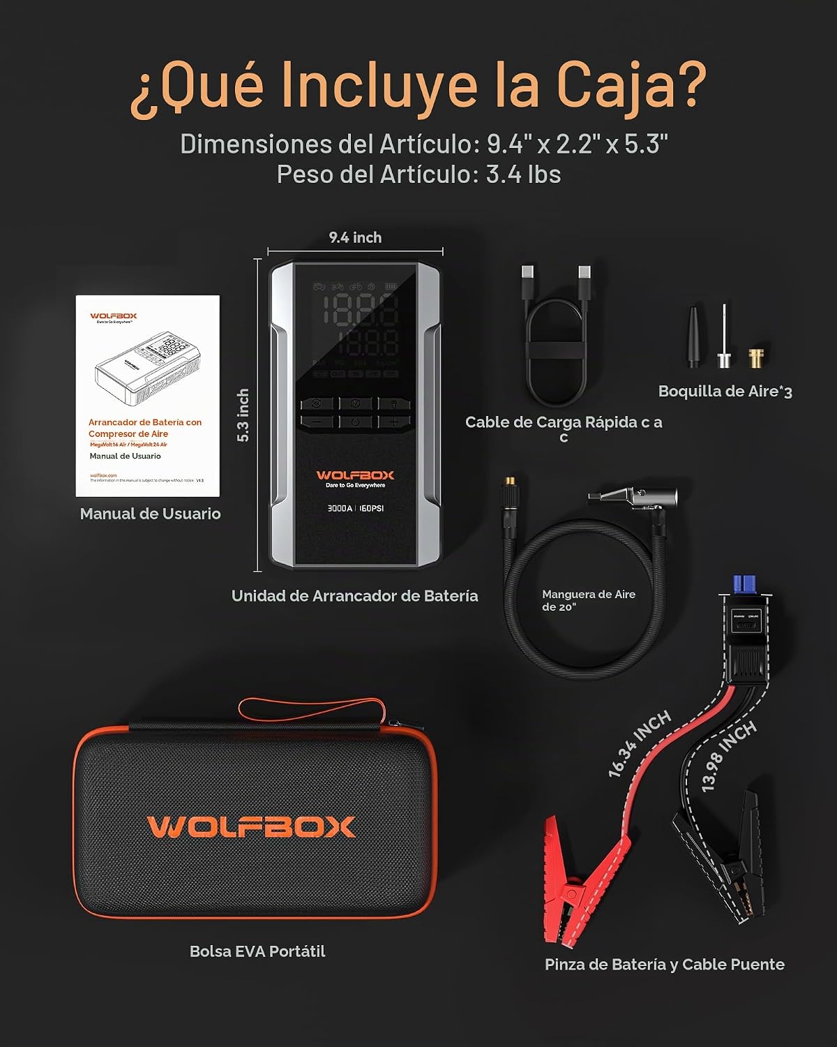 WOLFBOX MV16A 3000A Arrancador de salto con compresor de aire, bate...
