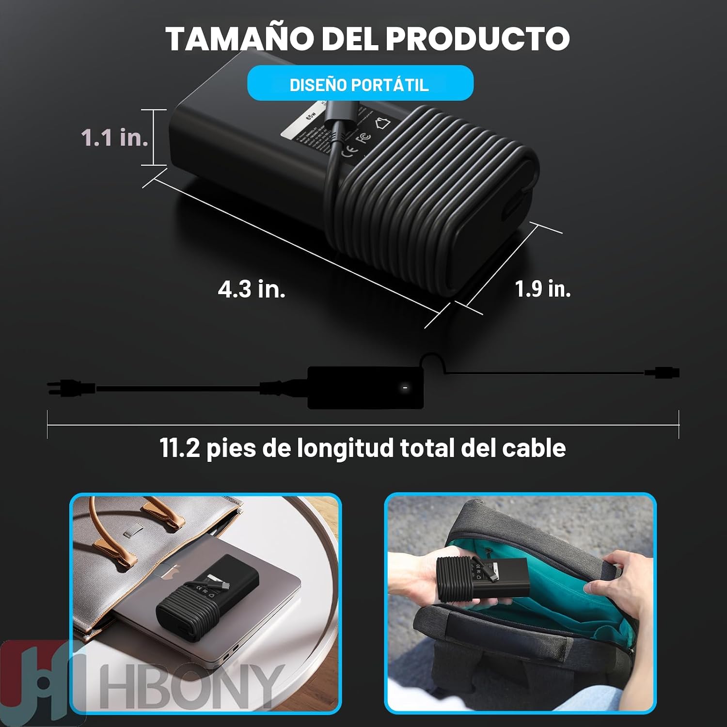 HBONY Cargador USB Tipo C de 65W 60W Compatible con Laptop Dell Lat...