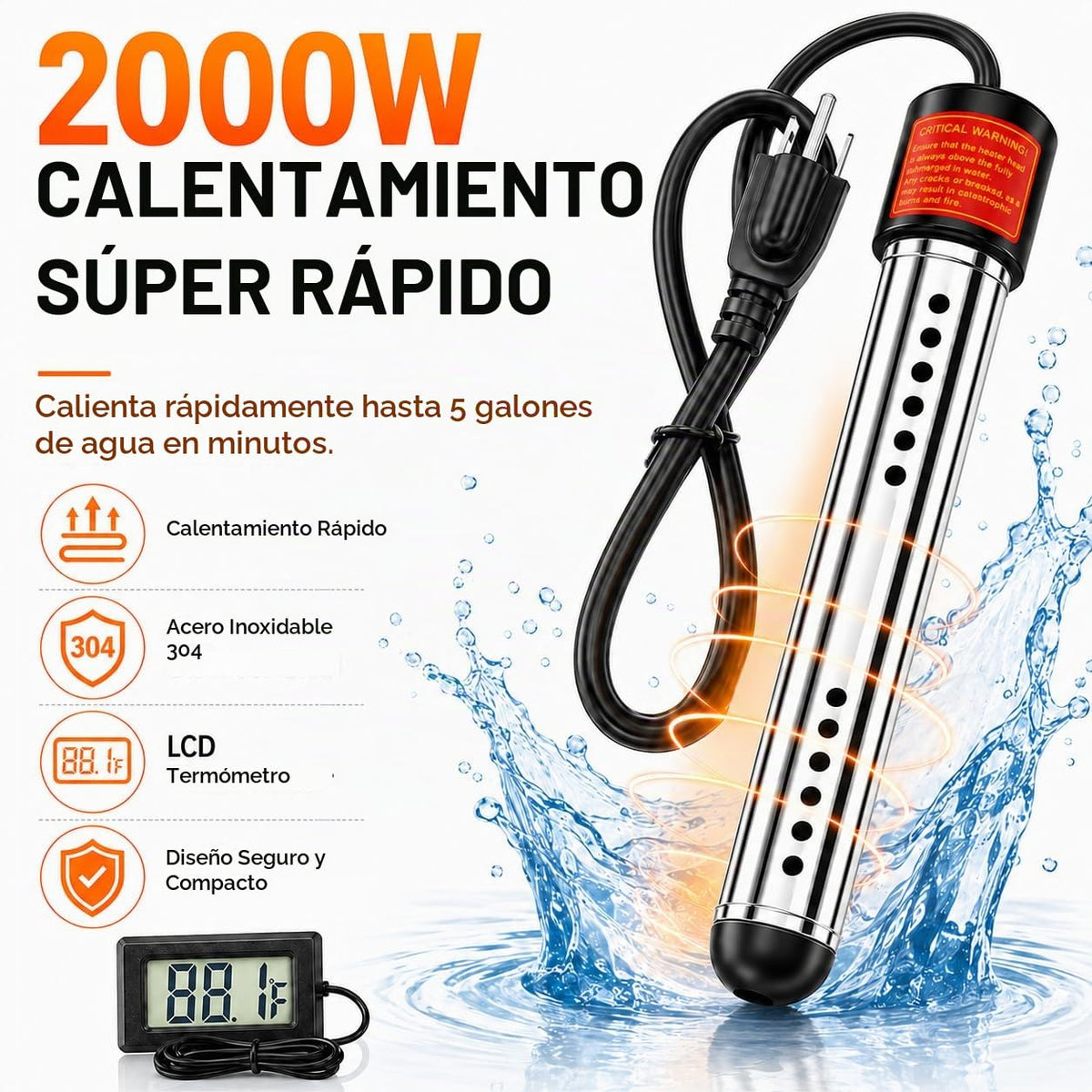 Calentador de agua de inmersión de 2000 W con termómetro digital |...