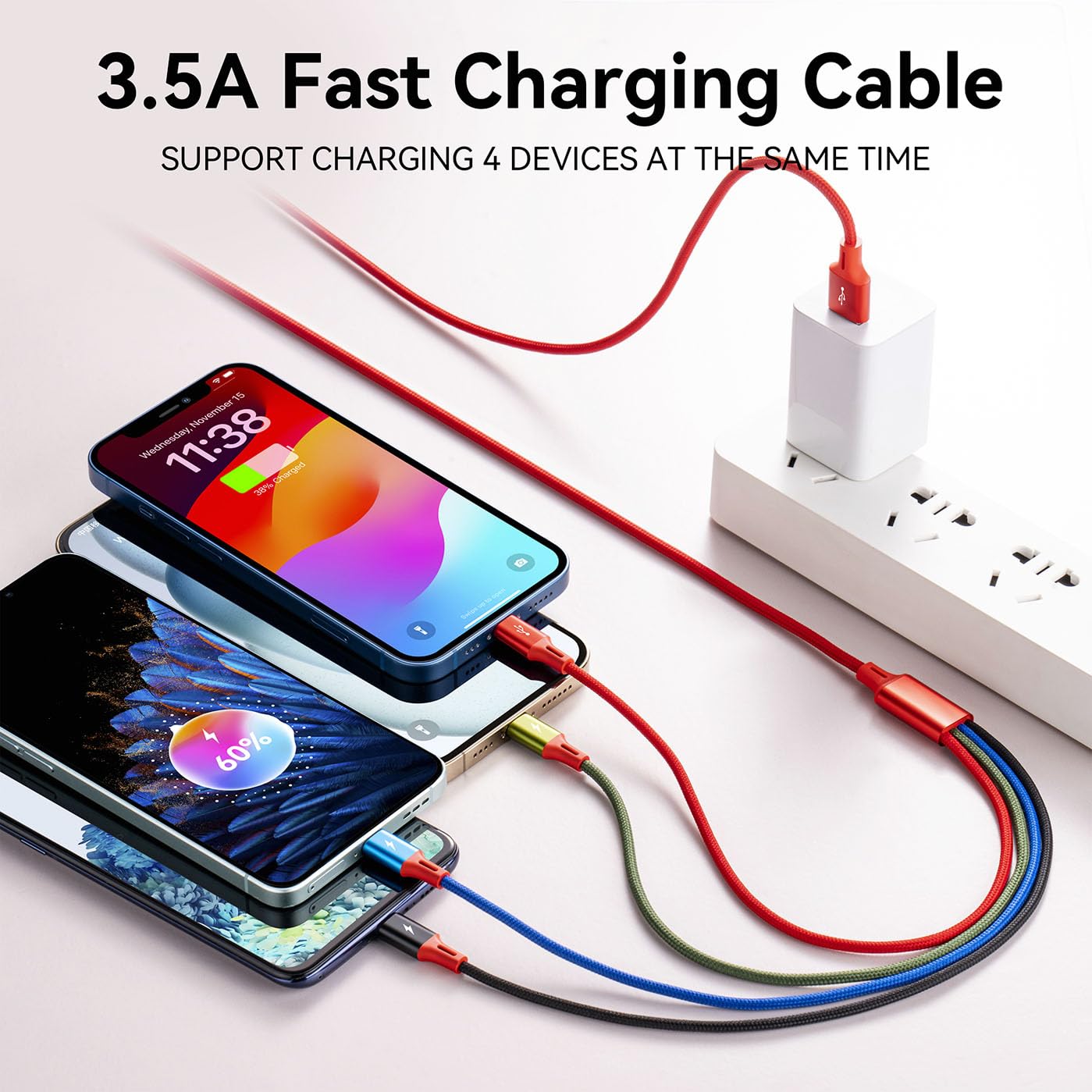 Minlu - Cable de carga Multi USB 4A, 4 en 1, con adaptador de doble...