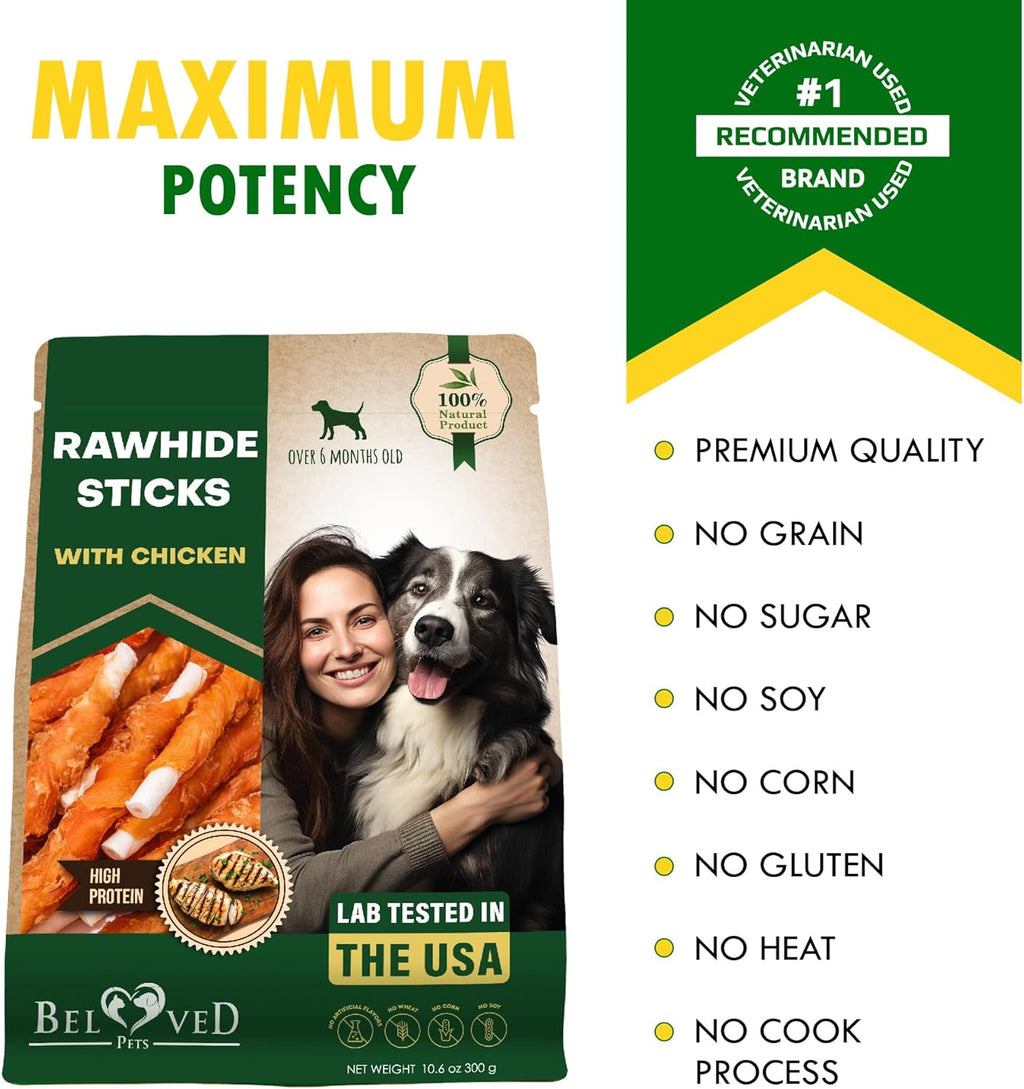 Beloved Pets Golosinas para perros y pollo envuelto de cuero crudo...