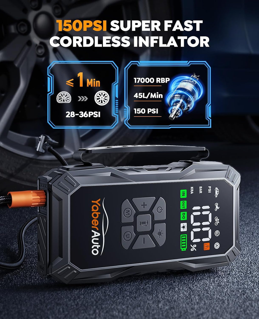 YaberAuto Arrancador de 10 en 1 con Compresor de Aire 6000A 150PSI...