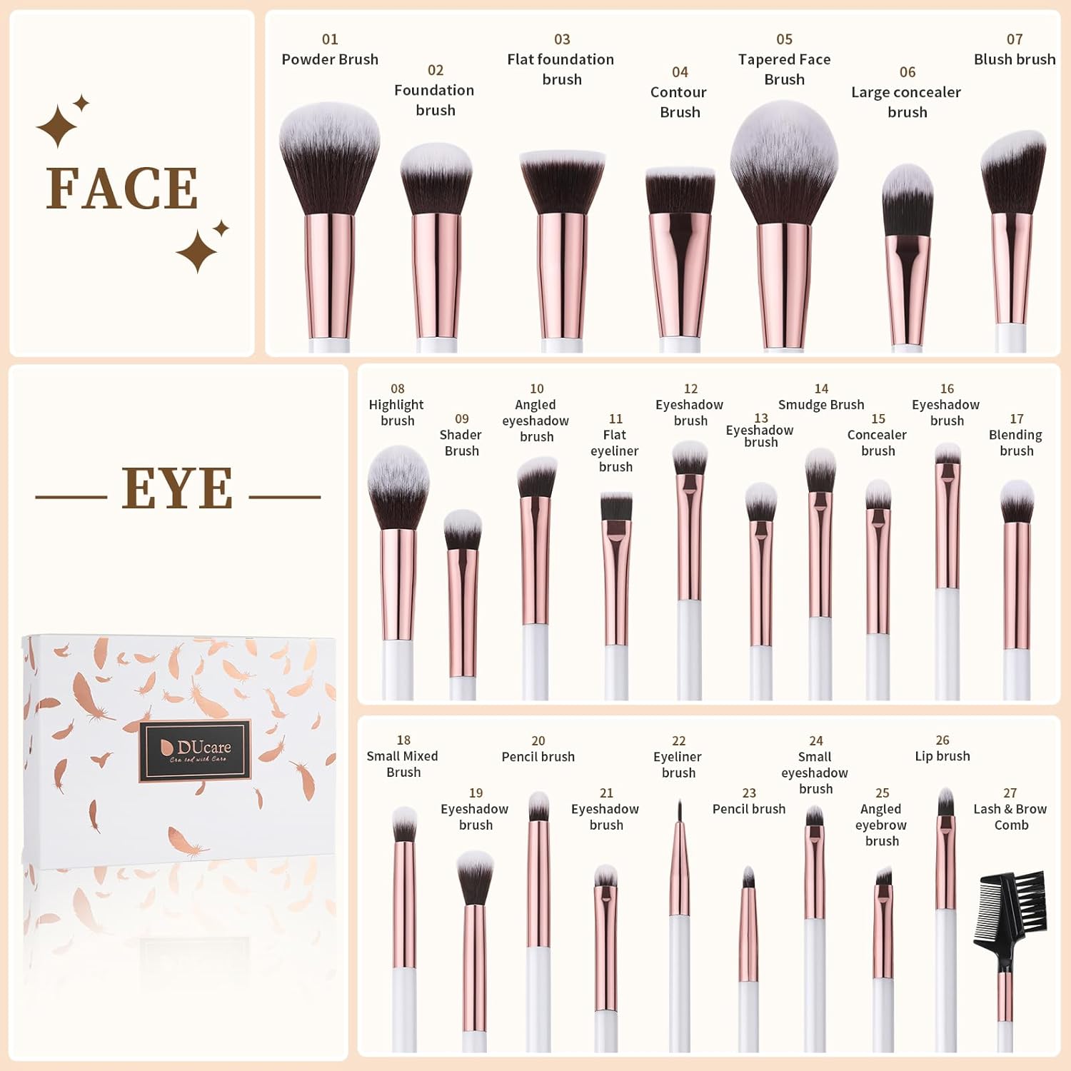 DUcare Juego de brochas de maquillaje profesionales, 27 piezas, bro...
