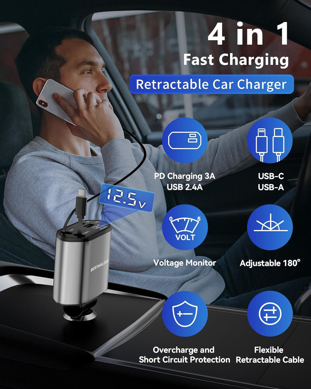 BERTHALESS Cargador retráctil para automóvil, cargador de coche 4 e...