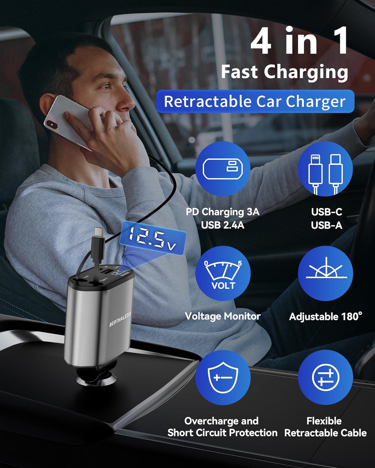 BERTHALESS Cargador retráctil para automóvil, cargador de coche 4 e...